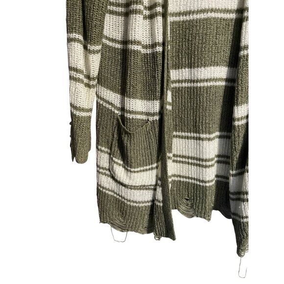 BKE Womens Striped Knit Cardigan Sweater Olive & White Distressed Hem Size L - Picture 7 of 13